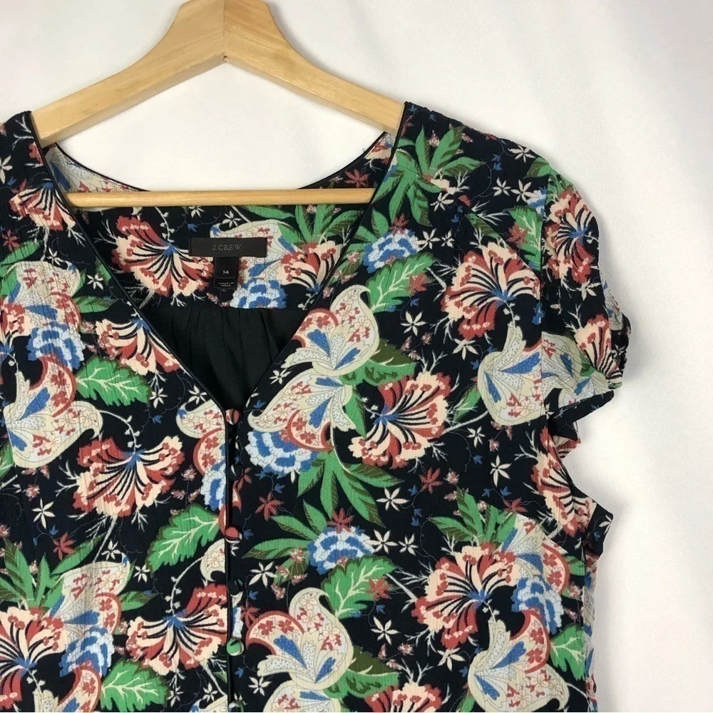 J. Crew‎ Navy Blue Island Floral Button Front Short Sleeve Mini Dress 14
